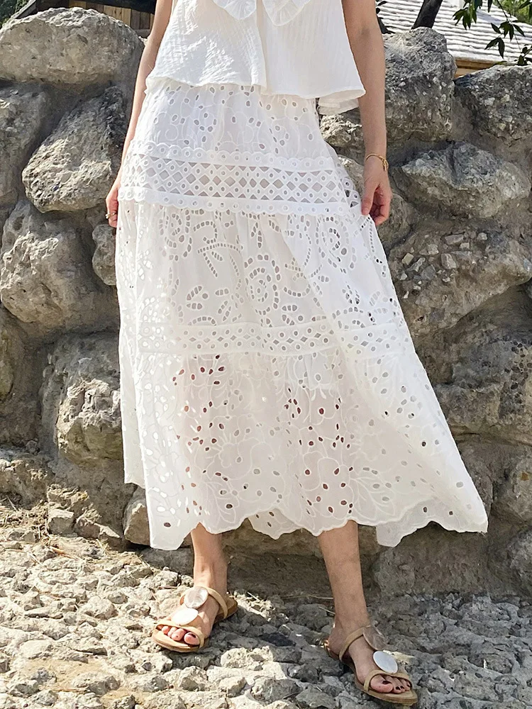 

GypsyLady French Chic Embroidery Maxi Skirt White Casual Summer Women Long Skirts Sheer Hollow Out Tiered Ladies Skirts Falda