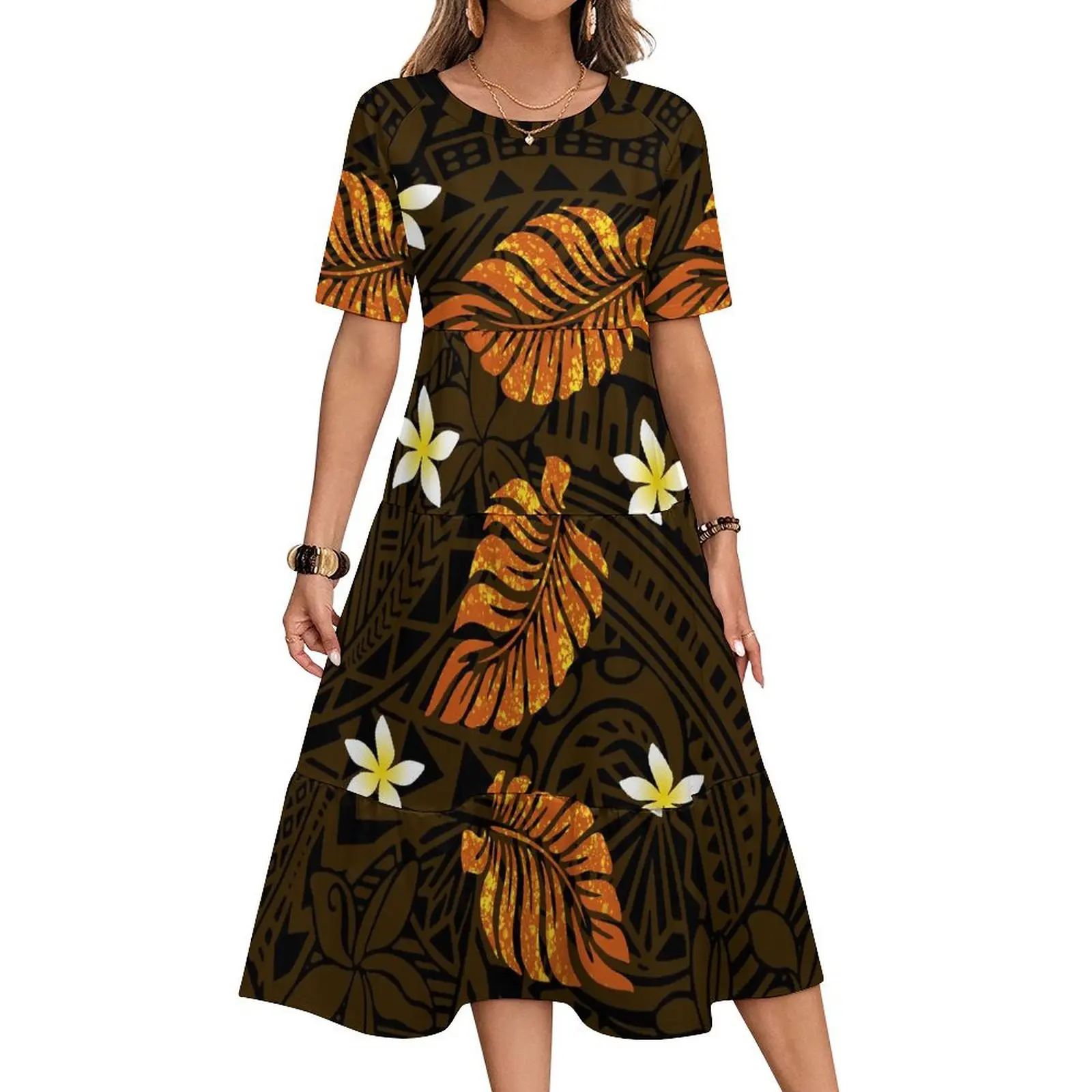 Novo design tribal de tonga polinésia ajuste vestido samoano multi em camadas vestido feminino manga curta maxi vestido casual roupas tamanhos grandes