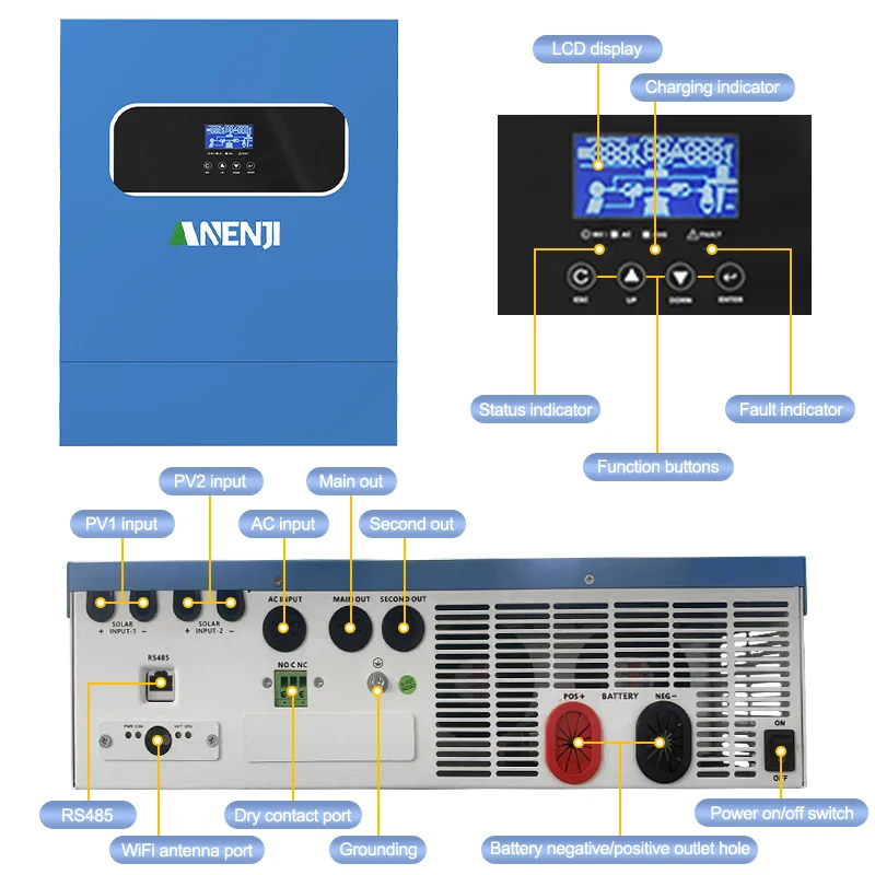 ANENJI 11KW Solar Inverter 48V High Power Off / on Grid Inverter 230VAC Dual PV Input Built-in 160A MPPT Solar Charge Controller
