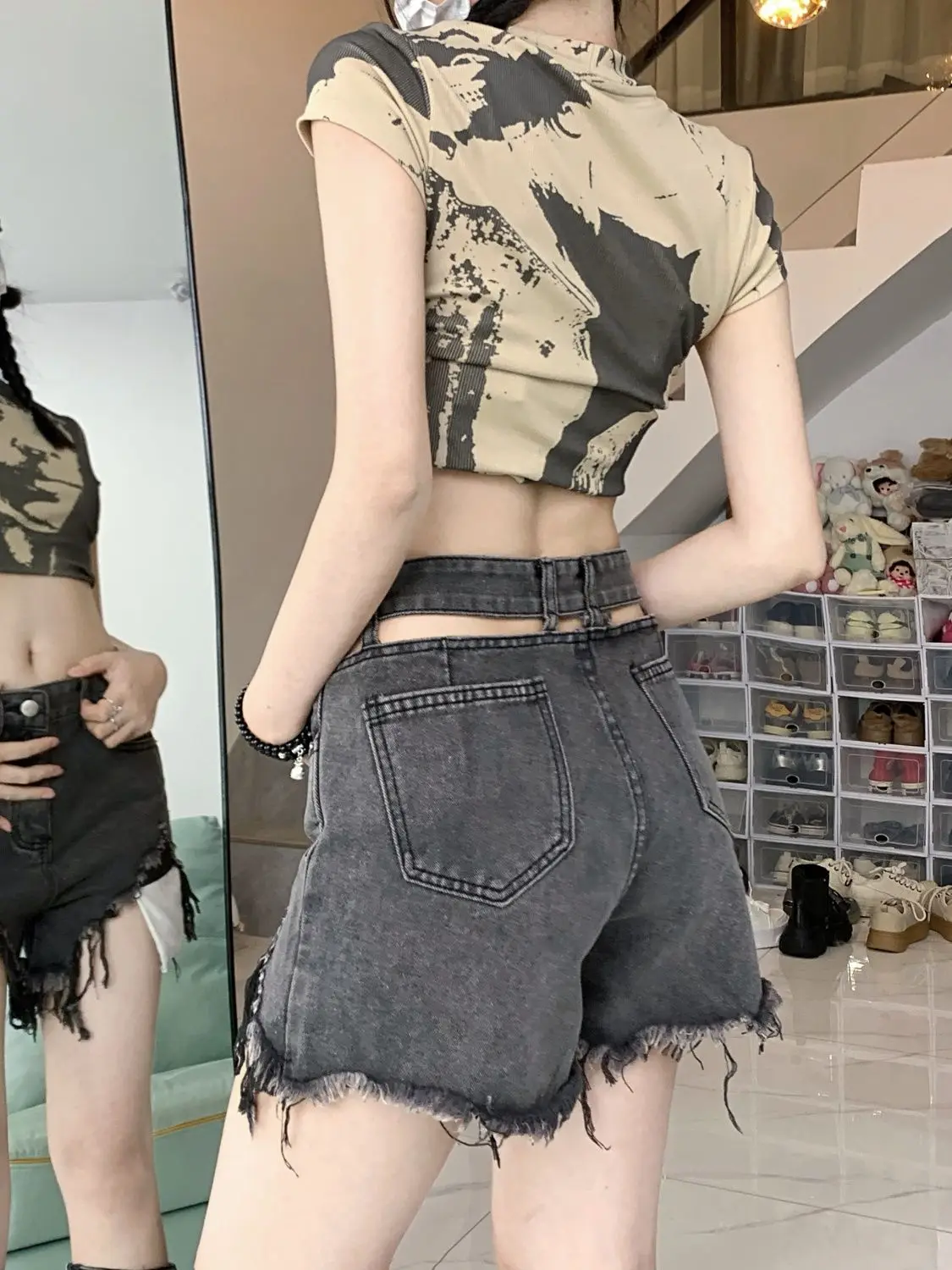 Denim Shorts for Women Pure Ripped Wide-leg Pants Retro Black and Gray