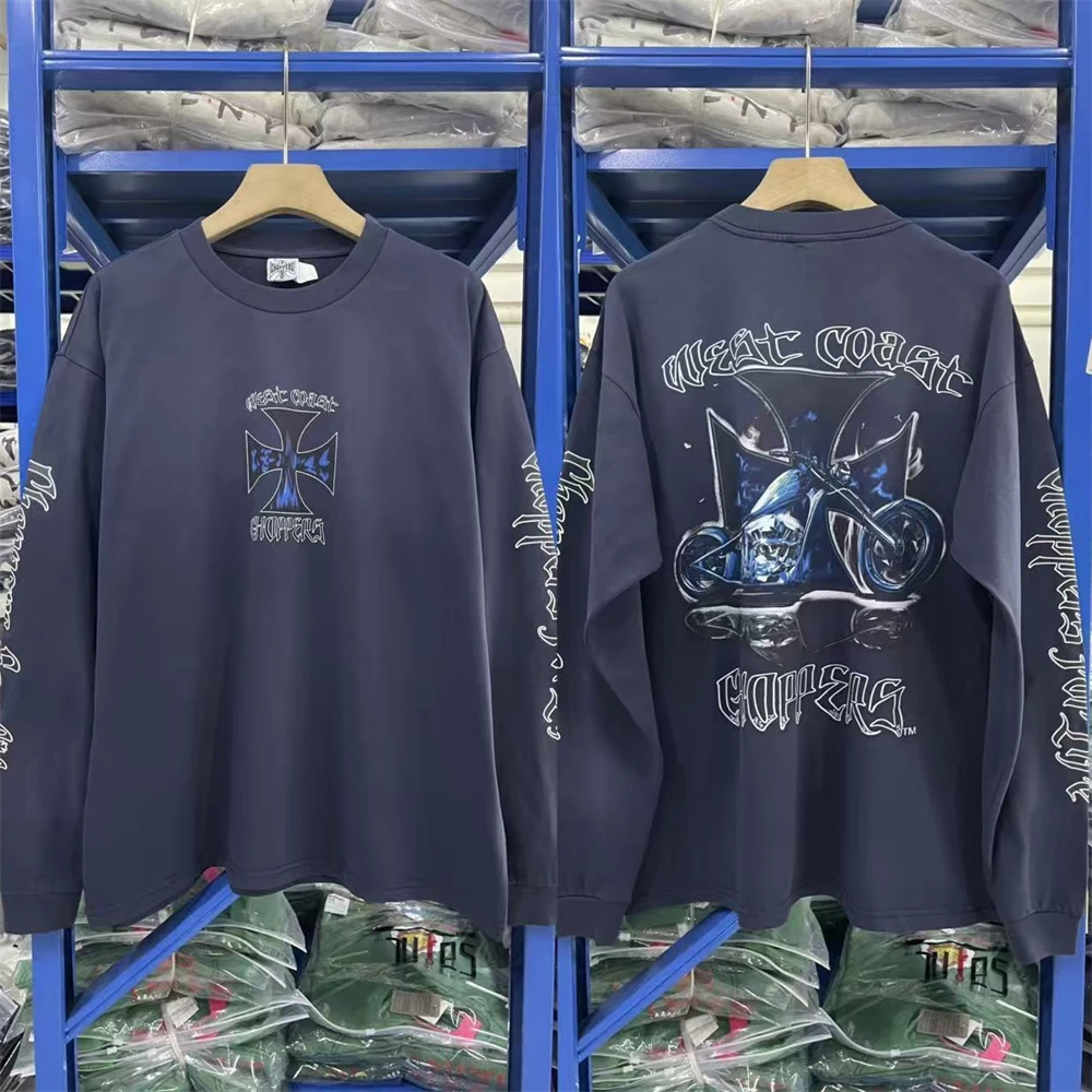 

Синяя свободная футболка с длинными рукавами West Coast Choppers для мужчин и женщин, ограниченная серия, футболки с дымчатым шлейфом, футболки