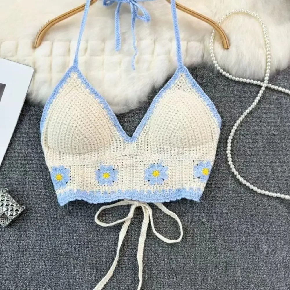 Seksowny krótki top na ramiączkach z dzianiny z frędzlami, ażurowy biustonosz, letni top plażowy.