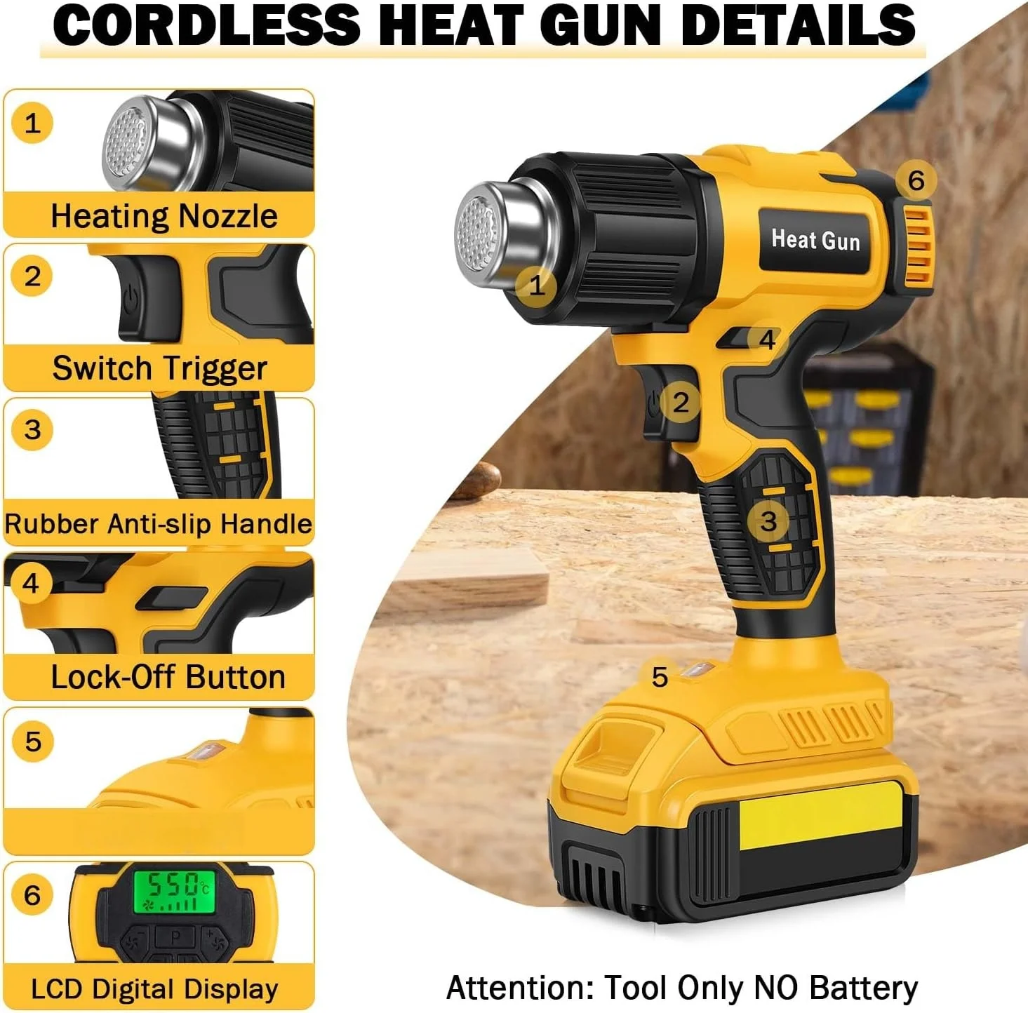 

Беспроводной тепловой пистолет, совместимый с батареей De-Walt 20 В, быстрый нагрев, термовоздушный пистолет с регулируемой температурой для ремесленной усадки