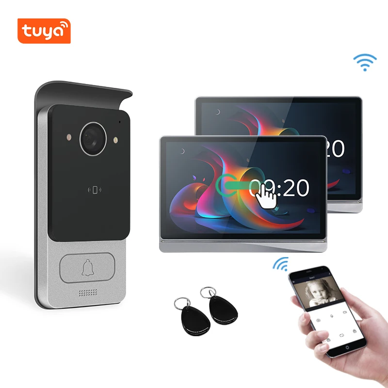 هاتف باب فيديو Tuya Smart IP بدقة 2 ميجابكسل مع التحكم في الوصول إلى بطاقة IC وشاشة تعمل باللمس مقاس 10 بوصة