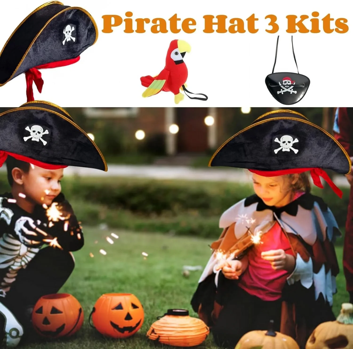Piratenkostuumaccessoires Schedelprint Patch voor Dames Heren Kinderen Volwassenen 3 Stuks Piratenhoed & Gevulde Schouder Papegaai & Ooglapjes