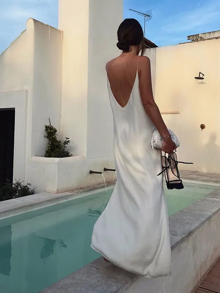 Vestido feminino elegante com decote em v, sem costas, sem mangas, vestidos de estilinete, branco, praia, férias, moda feminina, verão, 2024