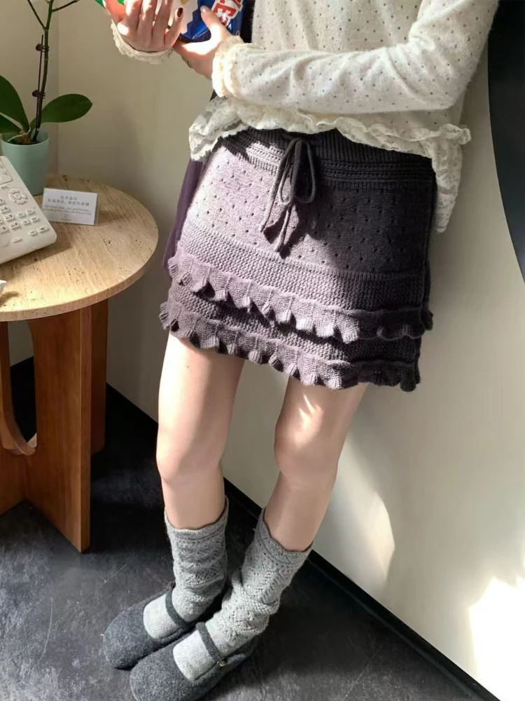 

Autumn Vintage New High-waist Knit Short Skirt Women Design Hepburn Patchwork Thin Package Hip Skirts Elegant Retro Slim Outfits