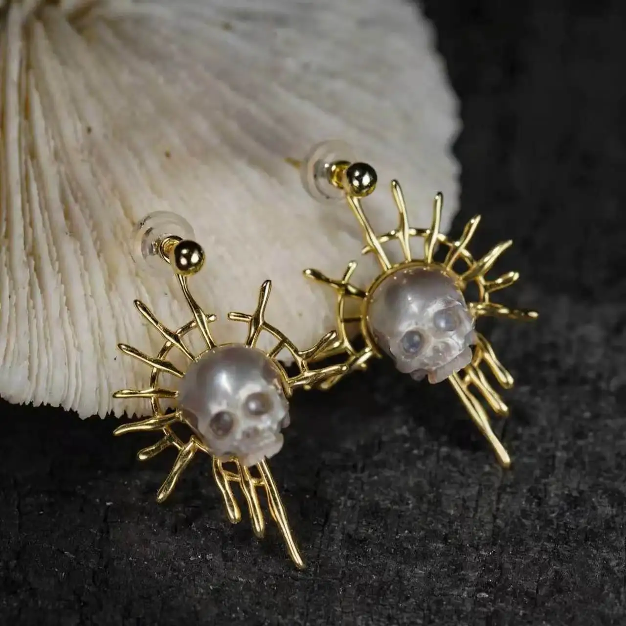 Skull Drop Dangle Earrings for Women,Skull with Spiky Sunburst Metal Frame Gothic Punk Halloween Jewelry Silver Gold Two Tone