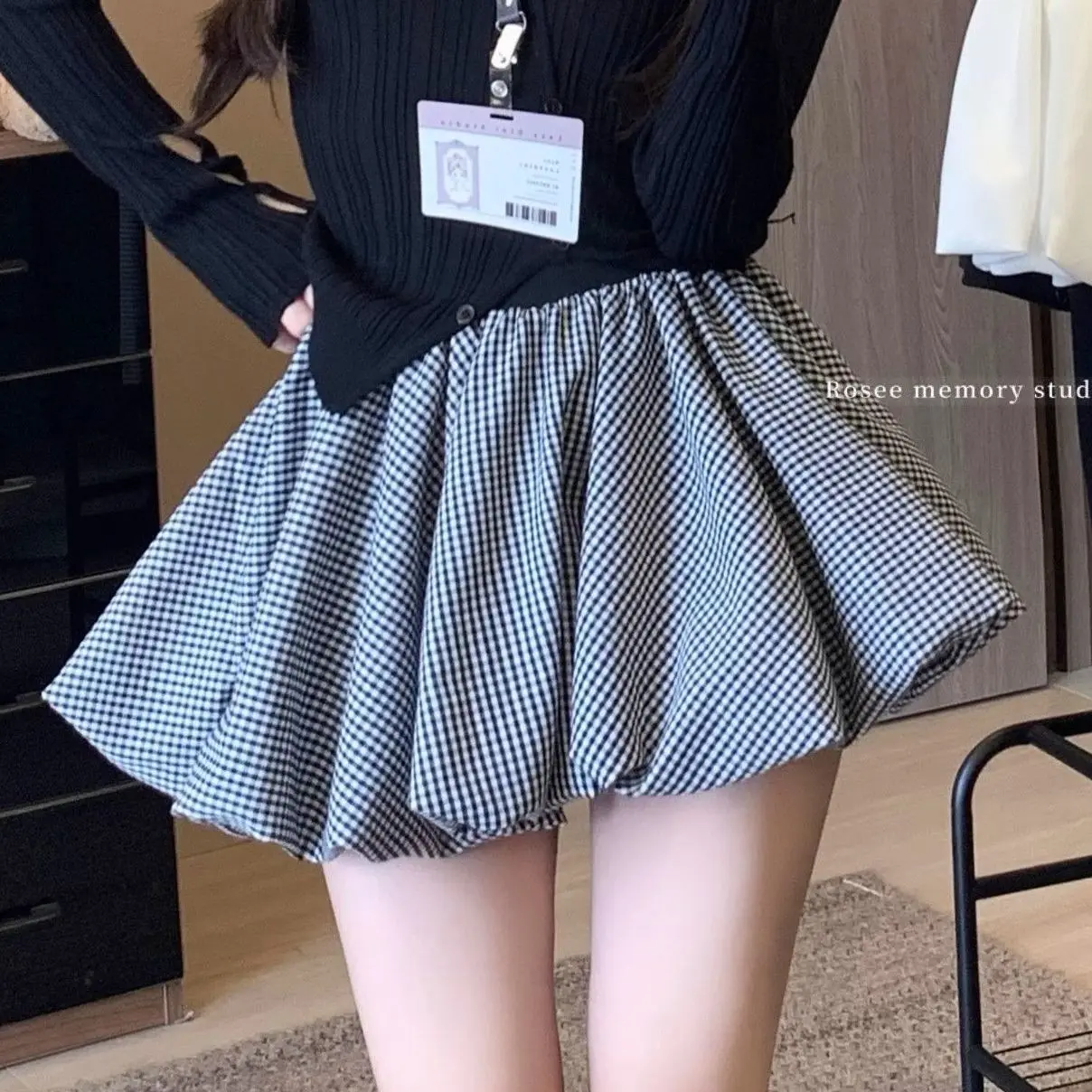 High Waist Plaid A-Line Skort for Petite Women, Puffy Bubble Mini Skirt with Lining, Slimming Summer Skirt 2026