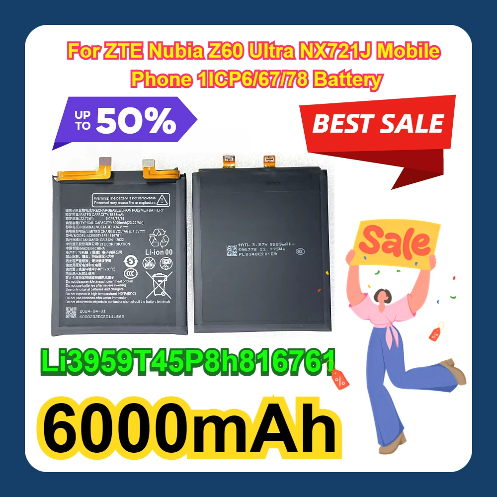 6000mAh Li3959T45P8h816761 For ZTE Nubia Z60 Ultra NX721J Mobile Phone 1ICP6/67/78 Battery