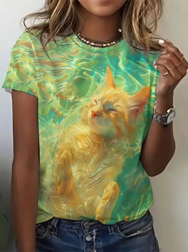 

Женская элегантная футболка с принтом кота, удобная эластичная футболка с короткими рукавами и круглым вырезом, полная ткань, спящий кот с дизайном водной рябрии