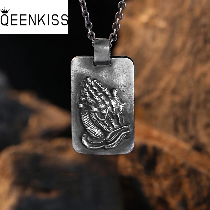 

QEENKISS 925 Sterling Silver Vintage Praying Hand Necklace Pendants For Men Birthday Wedding Party Boyfriend Father Gifts PT622