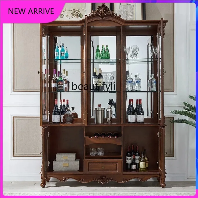 

American solid wood wine cabinet double door living room home glass door decoration, European TV side cabinet H
