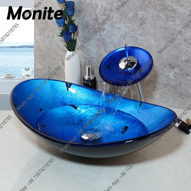 O Monite Blue Bathroom Washbasin Countertop Tempered Glass Basin Sink Faucet Set Brass Waterfall Faucet Washroom Vessel Vanity B