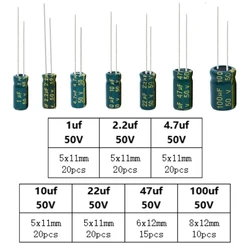 125pcs 50v1uf 2.2uf 4.7uf 10uf 22 47uf 100uf High-Frequency Aluminum Electrolytic Capacitor Kit -50V with 7 different capacities