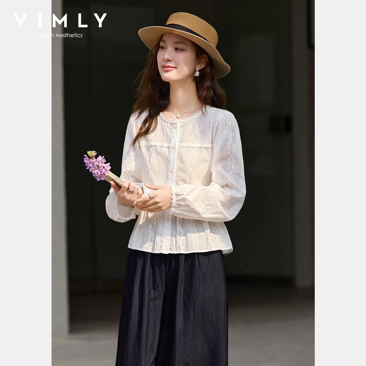 Camicetta da donna VIMLY in cotone ricamato alla francese, nuova collezione primavera 2026, con pizzo bianco, laccio in vita e maniche a lanterna, casual per tutti i giorni 30803
