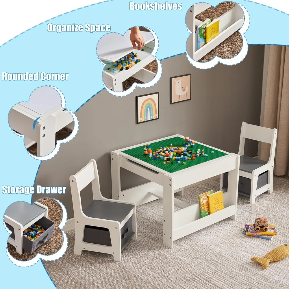 4 in 1 Wooden Activity Table with Bookshelves and Storage Drawer, 2 in 1 Detachable Tabletop Construction Play Tables