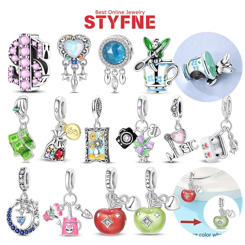 

925 Silver Charms Pink Zircon Dollar Bead Music Camera Bouquet Pendant Fit Diy Original Bracelet Exquisite Jewelry Birthday Gift