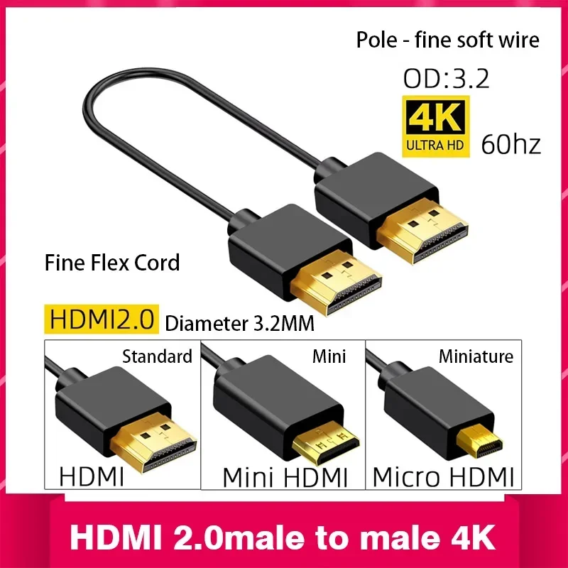 محمول سليم لايت HDMI-2. 0 كابل 4K @ 60 هرتز Mini-HDMI / Micro-HDMI OD3.2mm سلك رفيع للغاية للكمبيوتر الشخصي وكاميرا PS4 وشاشة HDTV