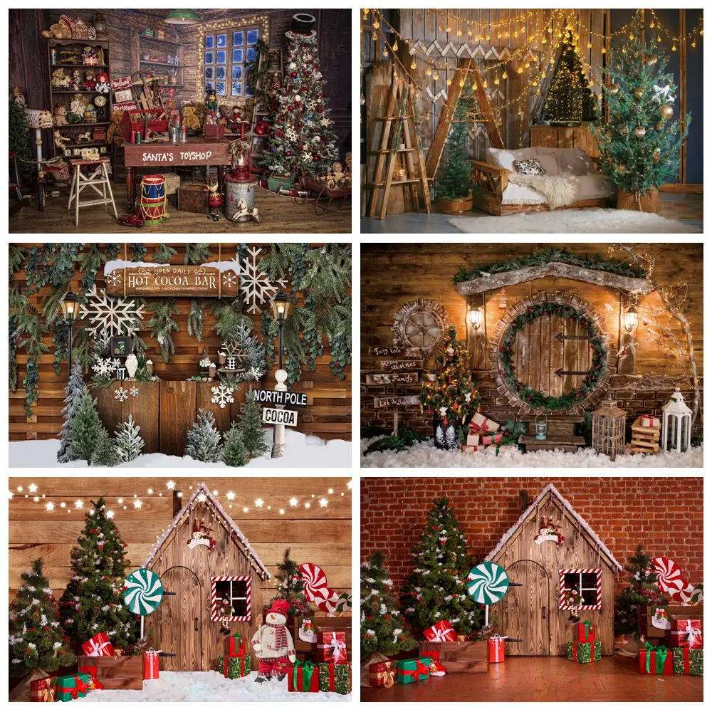 Christmas Backdrop for Photography Xmas Tree Gifts Fireplace Bear Shop Holiday Party Kids Baby Portrait Background Photo Studio