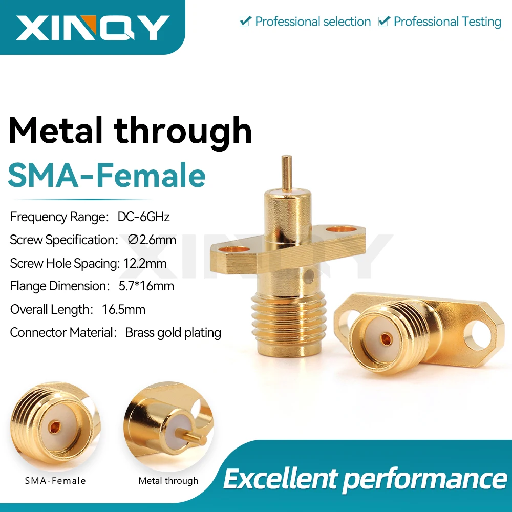 XINQY SMA-KFD1011TT SMA Female Connector, 2-Hole Flange KFD, Brass Gold-Plated, DC-6G