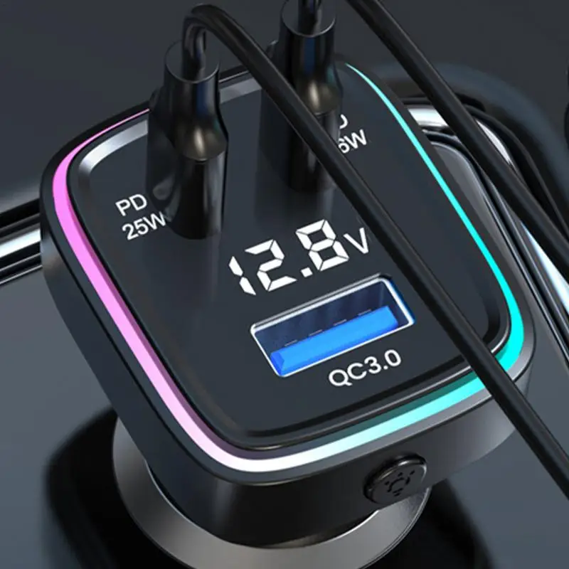 61W Eight-Color Ambient Light Car USB Charger Fast Charging Auto Adapter 3 Ports Phone Charger Car Electrical Appliances