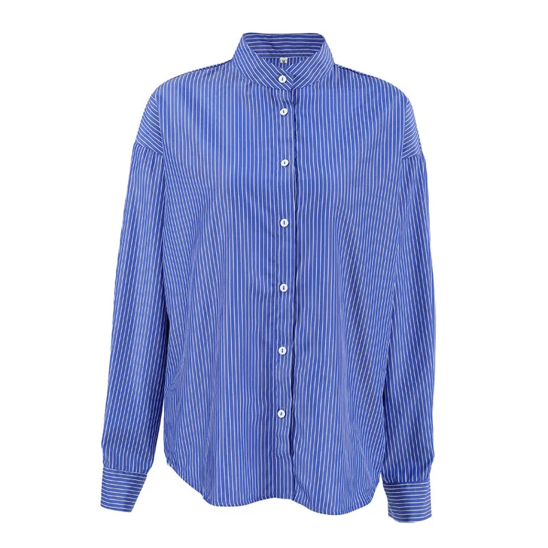 Schicke blau gestreifte Damenbluse im französischen Stil mit einzigartigem Kragendesign, langärmliges, lässiges, übergroßes Hemd für trendige Bürokleidung