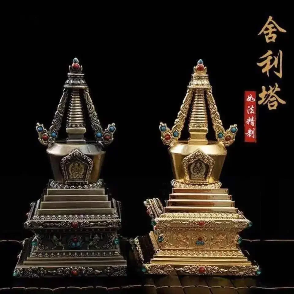Bronze Tibetan Stupa Tantric Engraved Buddhist Statue Pearl Inlaid Gemstone Alloy Handicraft Altars Indoor Desktop Decorative