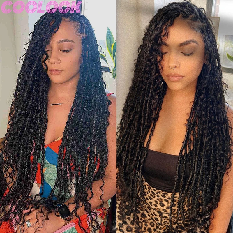 32'' Synthetic Full Lace Twist Braided Wigs Heat Resistant Black Silky Braids Lace Frontal Wig Bohemian Braid Wig with Curly End