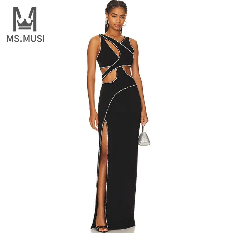 

MSMUSI 2024 New Fashion Women Sexy Pearl Beading Hollow Out Sleeveless Backless Bodycon Party Club Event Slit Maxi Dress Gown