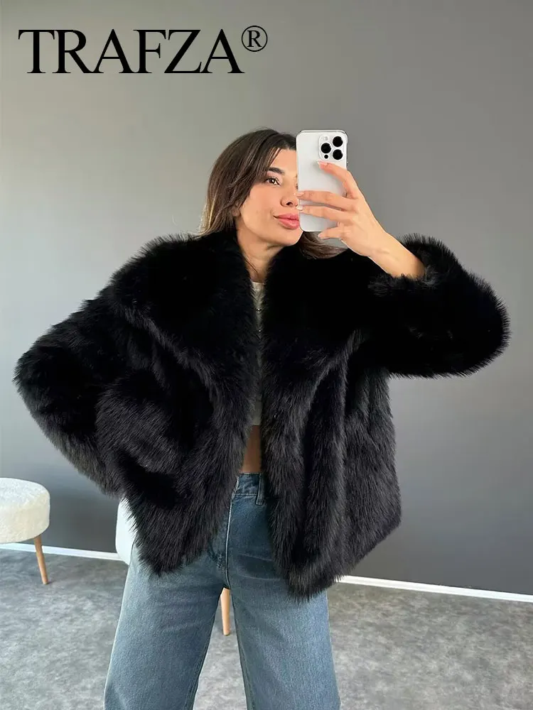 TRAFZA 2024 Female Vintage Coat Artificial Fur Effect Short Jacket Woman Warm Plush Elegant Casual Lapel Collar Thick Outerwear