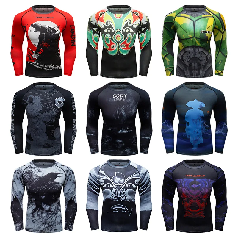 Mens BJJ MMA Rash Guard T-shirt  Fitness Sport Compression T-shirts New Boxing Jerseys Gym High-elasticity Workout T Shirts