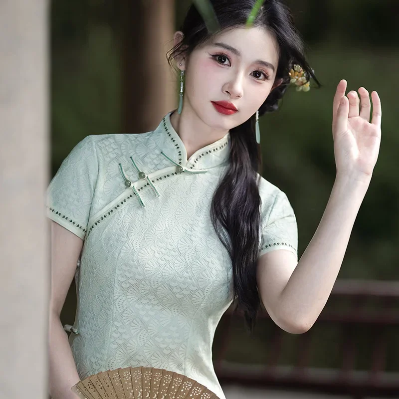 

Summer Spring New Qipao New Chinese Style Cheongsam Women Sexy Lace Trim Vestidos Tradition Mandarin Collar Costume Vestidos