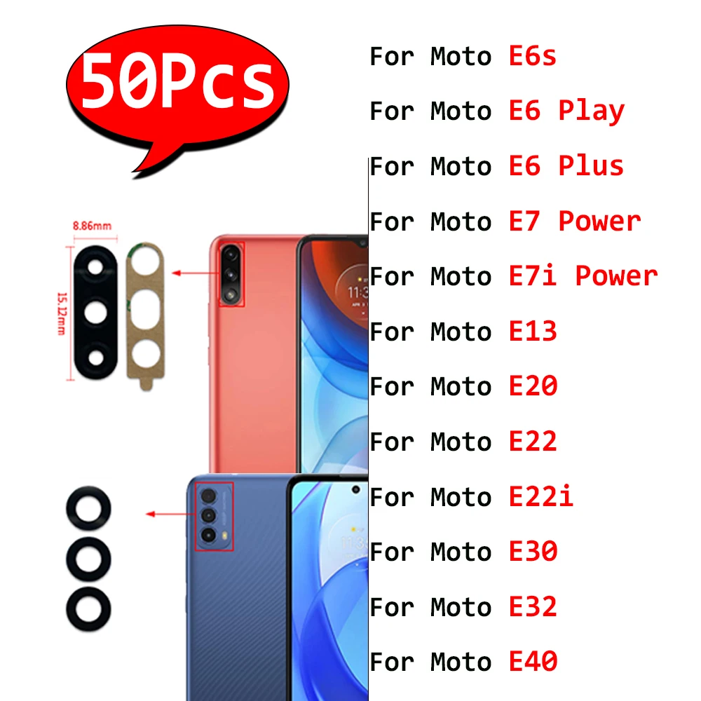 50Pcs，NEW Back Rear Camera Glass Lens With Glue Adhesive For Moto E13 E14 E15 E22 E30 E32 E40 E7 E7i Power E6S E6 Play E6 Plus