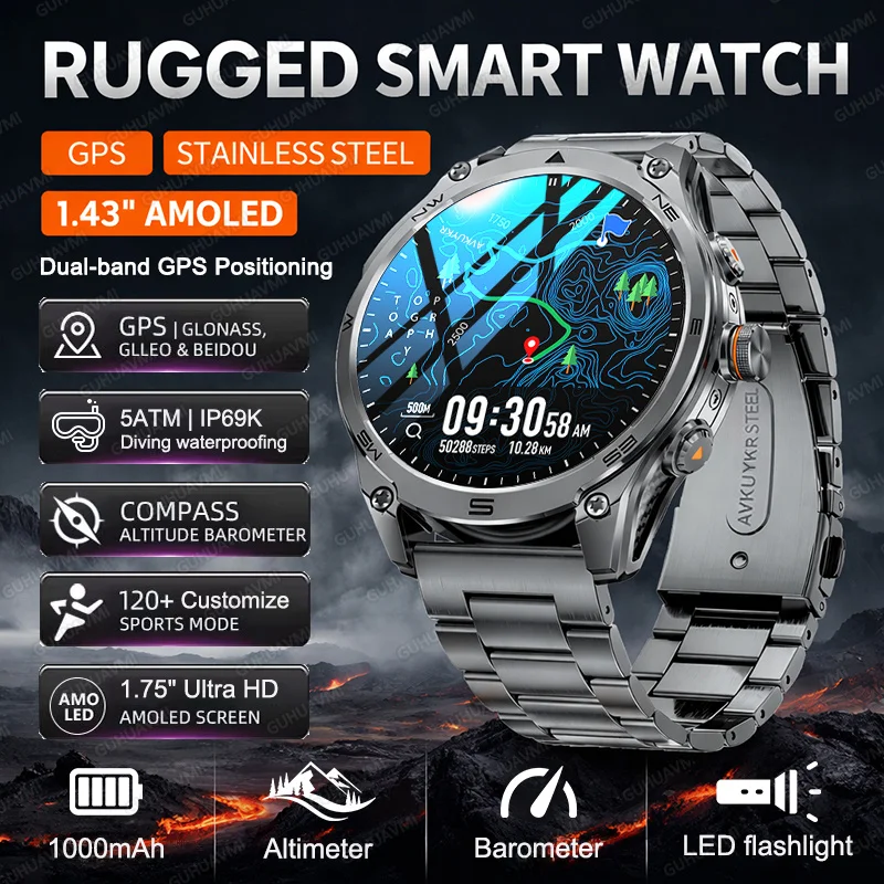 

2026 New RUGGED Smart Watch 1.75" AMOLED GPS Dual-Band 10ATM Waterproof Compass Altimeter Barometer Flashlight Sports Smartwatch