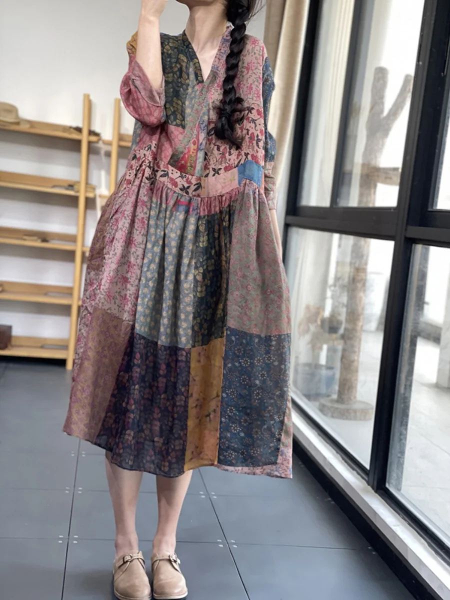 

Floral Print Cotton Linen A-Line Dr V-Ne Slimming 3/4 Sve Long Skirt for plus Size Women Vintage Commute Sle High W...