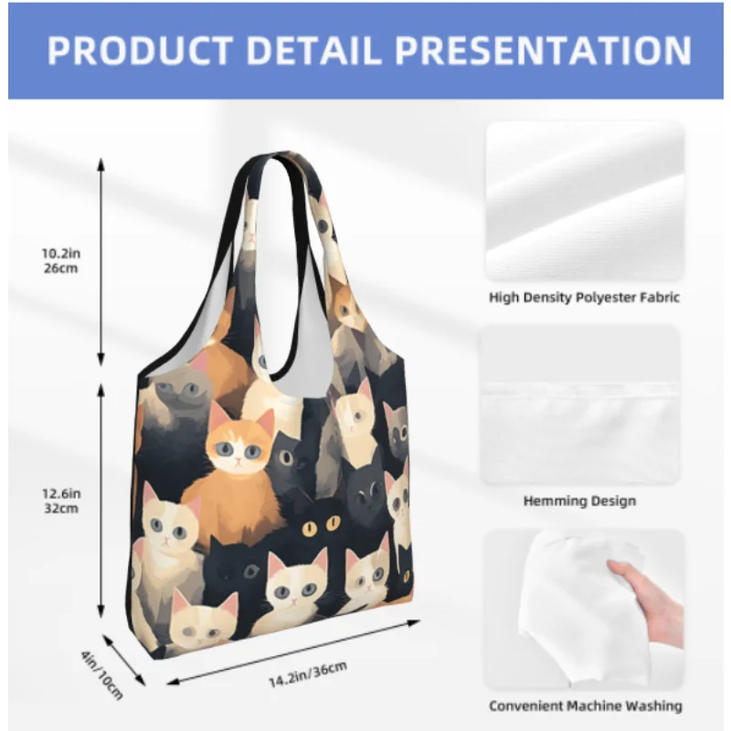 لطيف القطط البقالة حقيبة تسوق قماش المتسوق حمل حقيبة الكتف سعة حقيبة يد محمولة #3