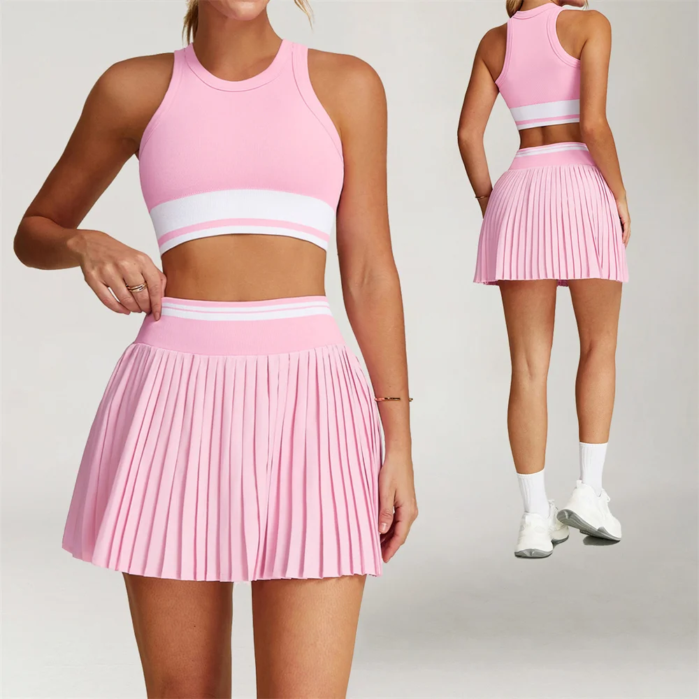

New Women Short Sportswear Two Pieces Fitness Yoga Set High Waist Tennis Skirt Crop Top Gym Suit Female Breathable Sportswear