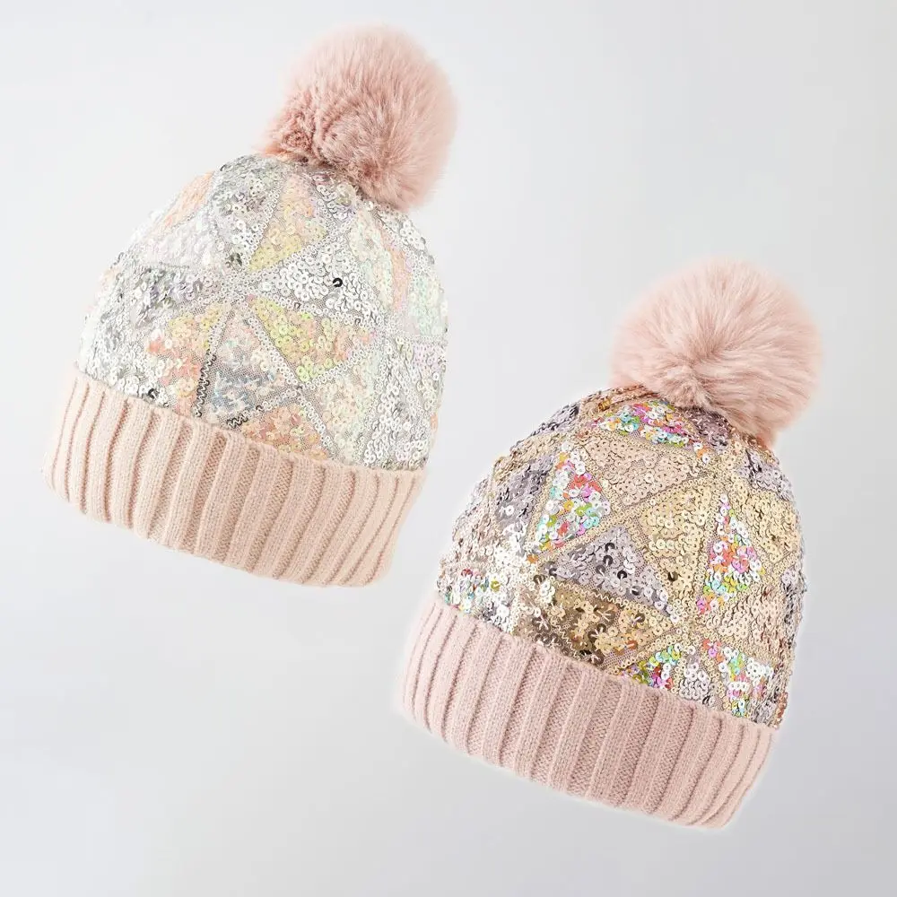 Sequin Women Warm Beanies Hats Casual High Elasticity Pullover Yarn Hat Removable Plush Ball Keep Warm Knitting Cap