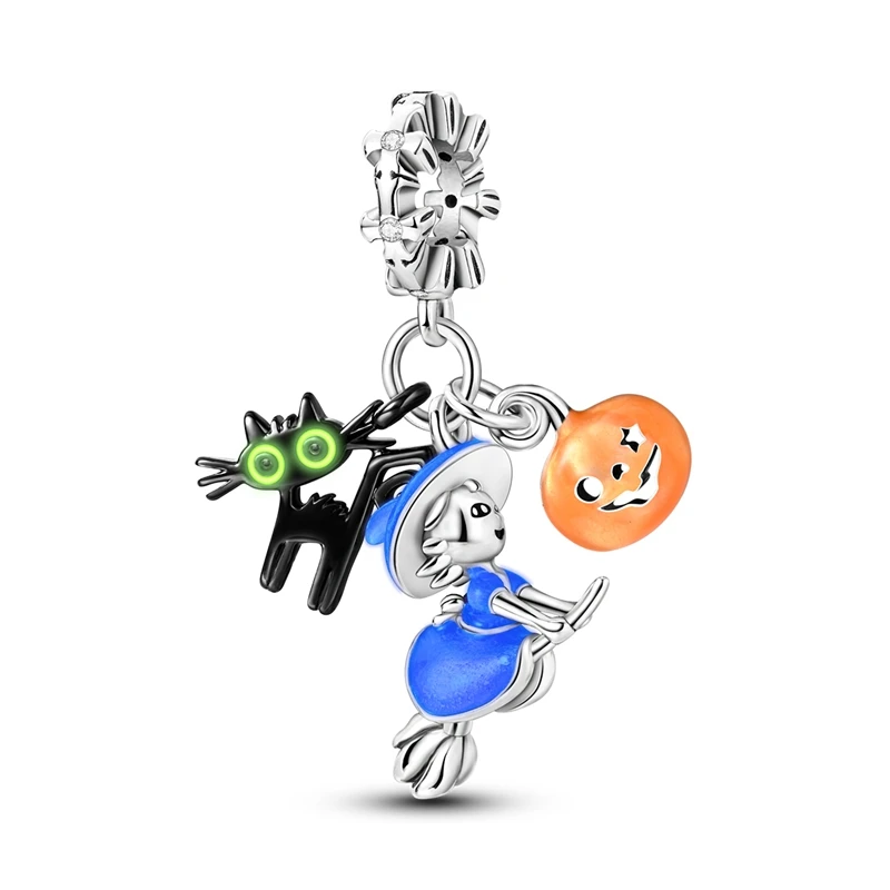 MULA 925 Sterling Silver Charms Pendant Witch Black Cat Pumpkin Beaded Charms Fit Original Bracelet Necklace Women DIY Jewelry