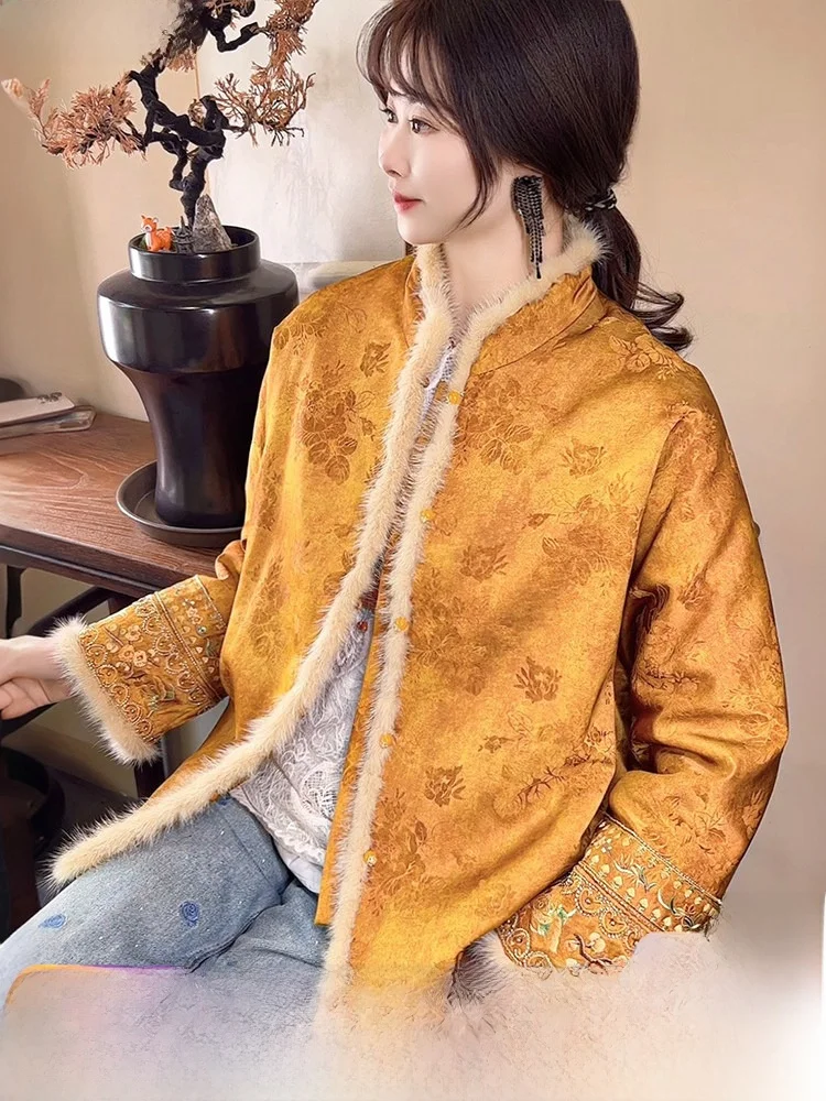 

High Crtsmanip Cotton Jaet Women's Winter Coat with Pearl Embelliment Mink Fur Stand Fit ort Outerwear
