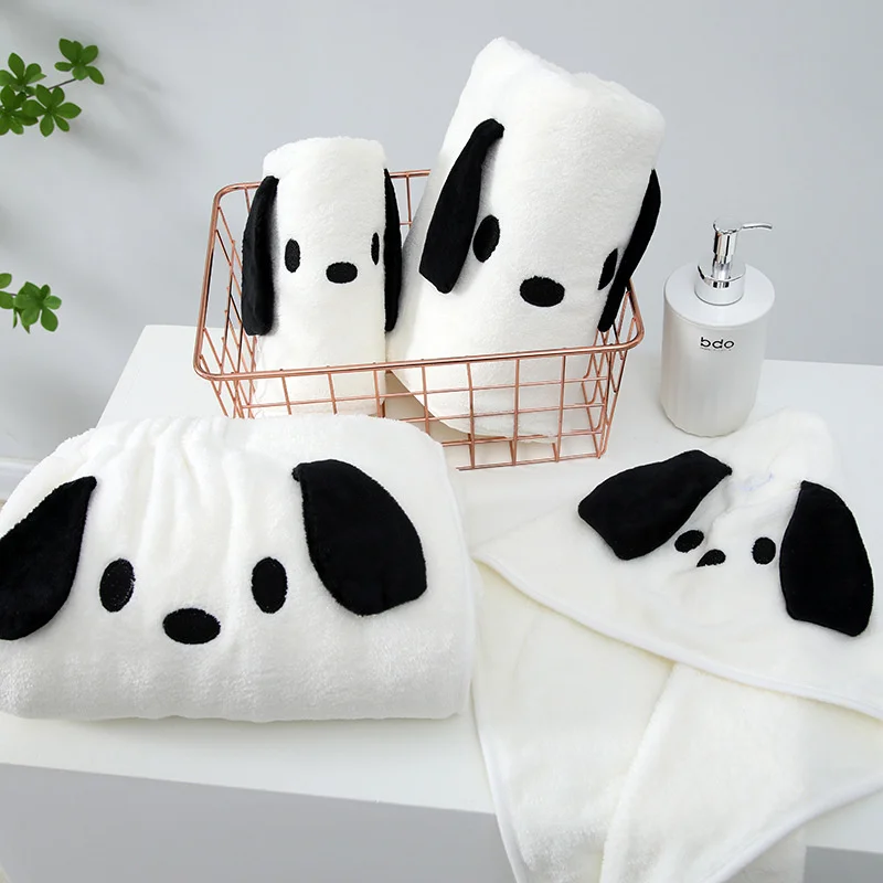 4pcs/set Cartoon Bath Towel Set Cute Dog Style Coral Velvet Face Hand Towel Shower Cap Bath Skirt Towels Bahtroom Soft Absorbent