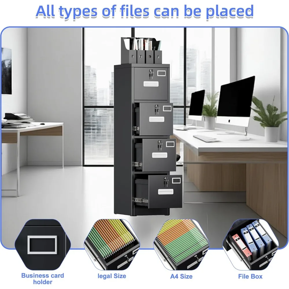 خزانة ملفات ذات 4 أدراج، خزانة ملفات عمودية معدنية مع 4 قفل، خزانة ملفات منزلية للمكتب مع حامل بطاقة الاسم لرسالة/Le