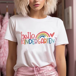 Hello Kindergarten Letter Print Womens T-shirt Round Neck Fashion Tee Tops Casual Short Sleeve Teacher T Shirt Teachers Clothes