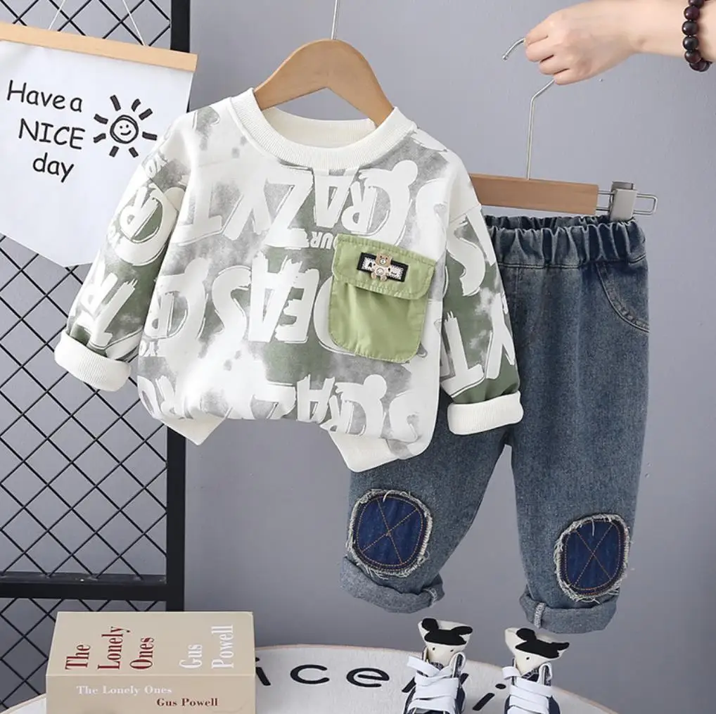 

Fall Children Boys Clothing Suits 1 To 2 Years Kids Pocket Bear Printed Pullover Hoodies and Pant Tracksuits Toddler Outfits