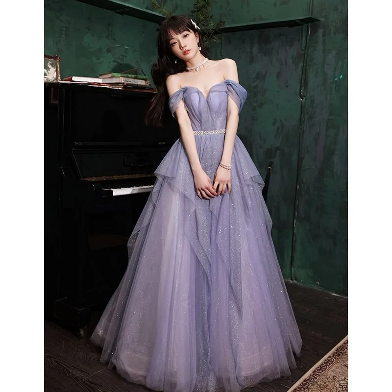

New Women's Summer Banquet Evening Dress Fashionable and Slim One Shoulder Style Purple Annual Meeting Host Performance Dress
