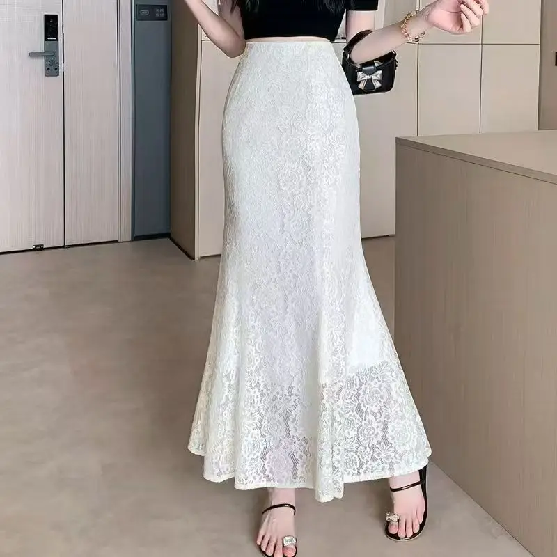 2026 New Arrival Women's White Lace Mermaid Skirt High Waist Hollow Out Plus Size Elegant Bodycon Maxi Skirt