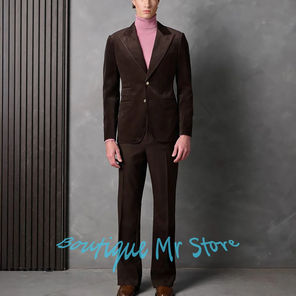 

Elegant Man Brown Suede Suit Single Breasted Peaked Lapel Blazer+Pants Set Stylish Retro Luxury Outfit for Evening Banquet Party
