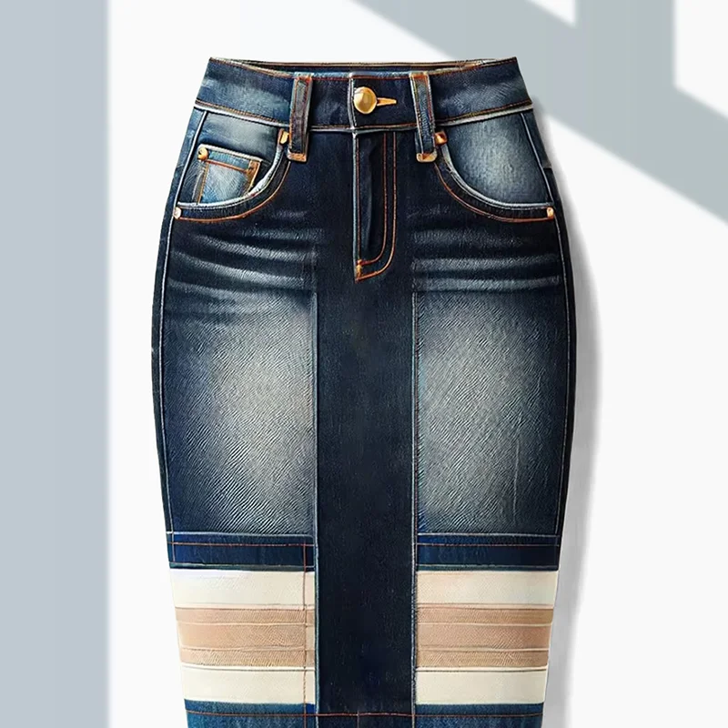 Summer High Rise Contrast Striped Denim Raw Edge Women's Midi Skirt for 2025 Bodycon Slim Hip Mini Dress Korean Fashion Female