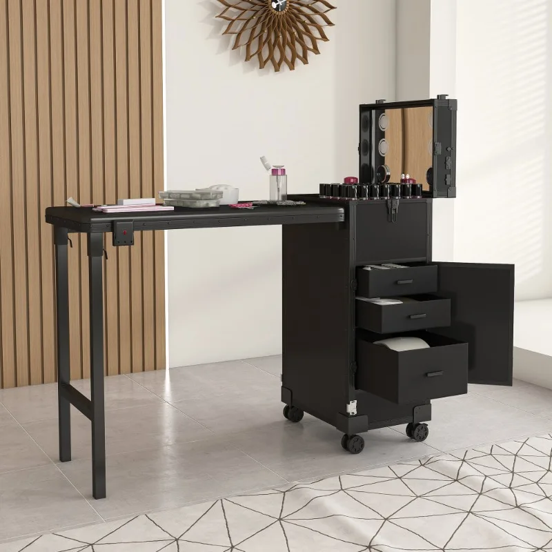 Black Portable Nail Art Table with LED Mirror Bluetooth Lockable Drawers Telescopic Pole Folding Manicure Station for Salons